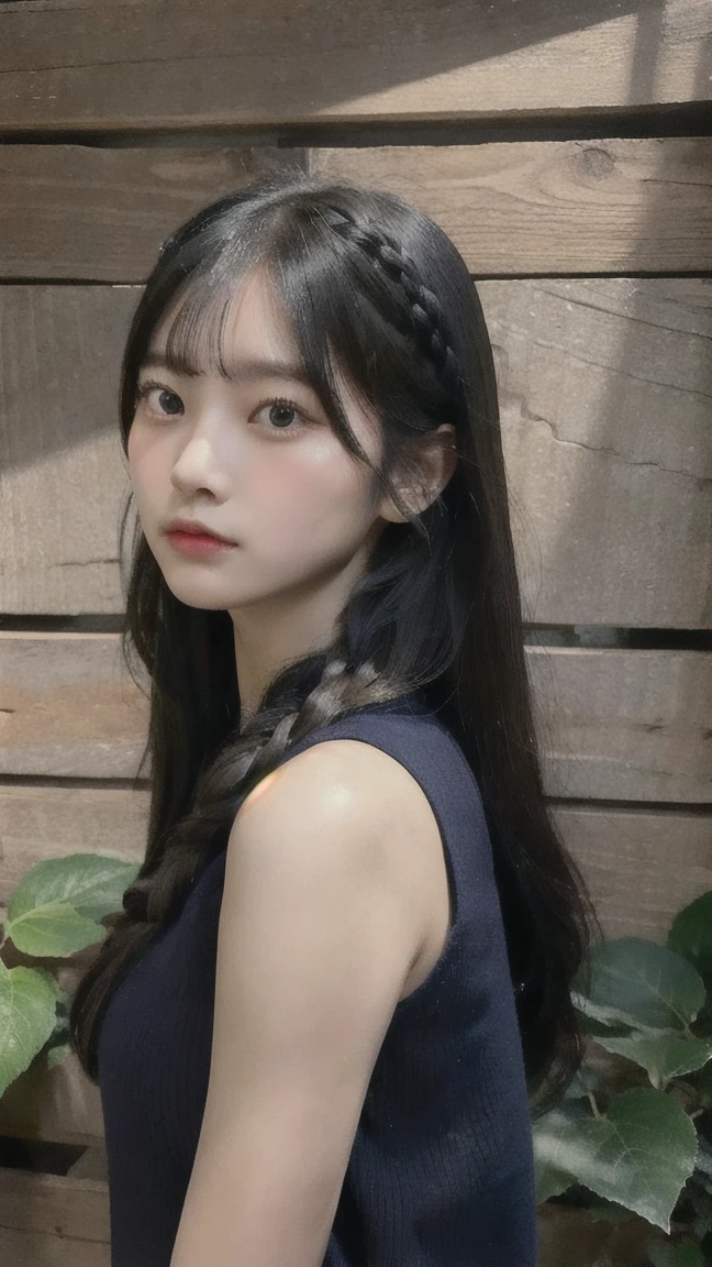 Portrait of a young East Asian girl in a navy blue and white sailor-style . She has long black hair styled in two braids, with straight bangs across her forehead. The girl has large, dark eyes and a small, delicate nose. Her expression is neutral, looking directly at the camera. The background shows a dark blue wooden wall with some green ivy or vine leaves visible to the side. The lighting is soft and natural, creating a slightly moody atmosphere. High-resolution image with sharp focus on the face