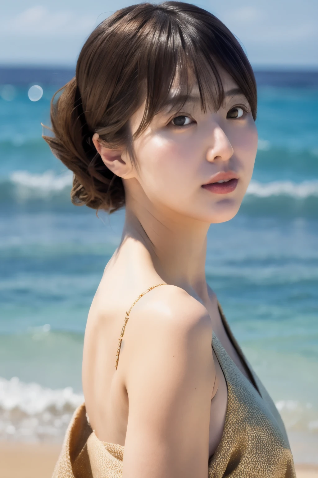 Masterpiece, Top quality, realistic, anatomically correct human body structure, very detailed, very delicate and beautiful, RAW photography, beach, professional lighting, luminescence, depth of field, single focal, Skinny Japanese lady, 40 years old, brown hair, small head, beautiful eyes, real face, realistic skin, detailed eyes, (fashionable hairstyle: 1.3), sexy pose, absurderes, Incredibly Ridiculous res, Extremely fine, casual wears