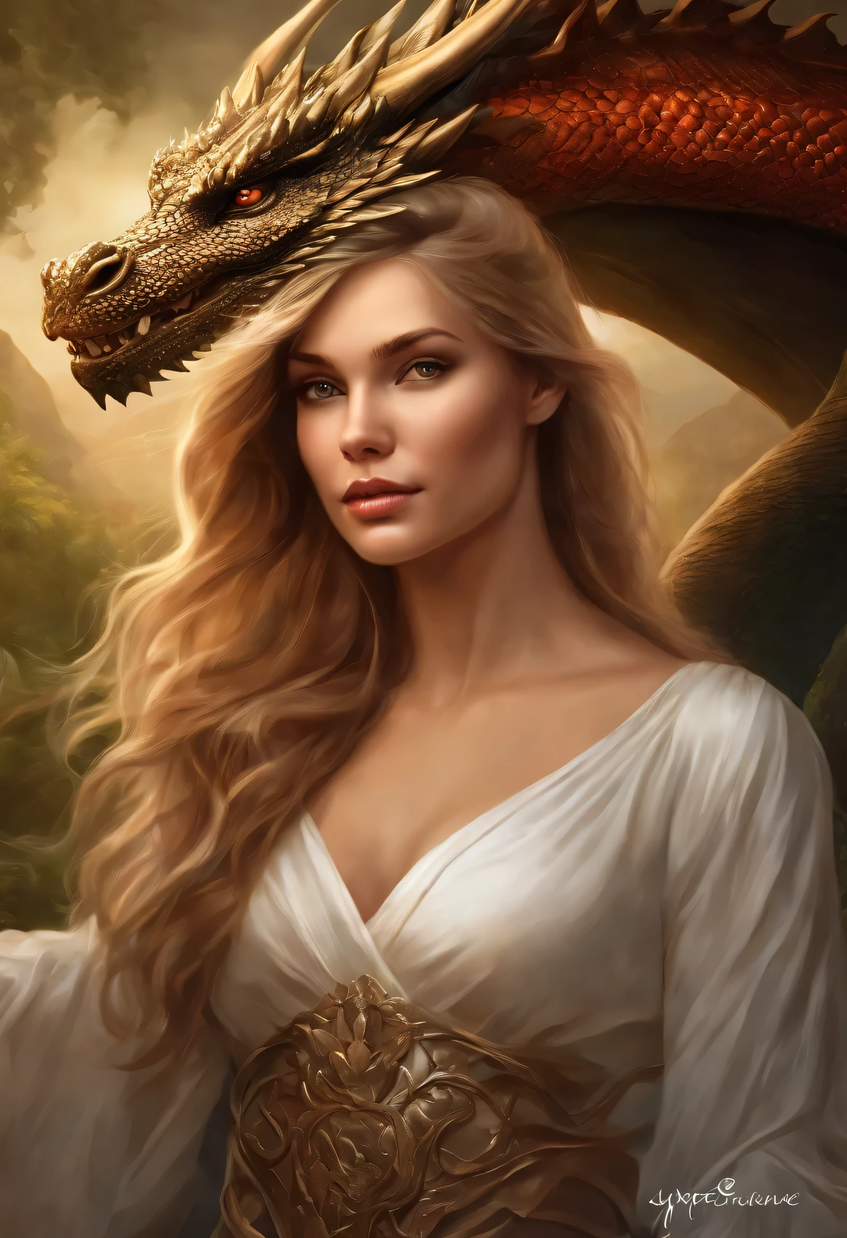 Arafed blonde woman with a dragon head and a white dress, the dragon girl portrait, graphic artist magali villeneuve, realistic fantasy illustration, fantasy art portrait, inspired by Magali Villeneuve, magali villeneuve', Portrait of a Dragon, hyperrealistic fantasy art, fantasy portrait art, Detailed matte fantasy portrait, fantasy portrait, beautiful fantasy art portrait