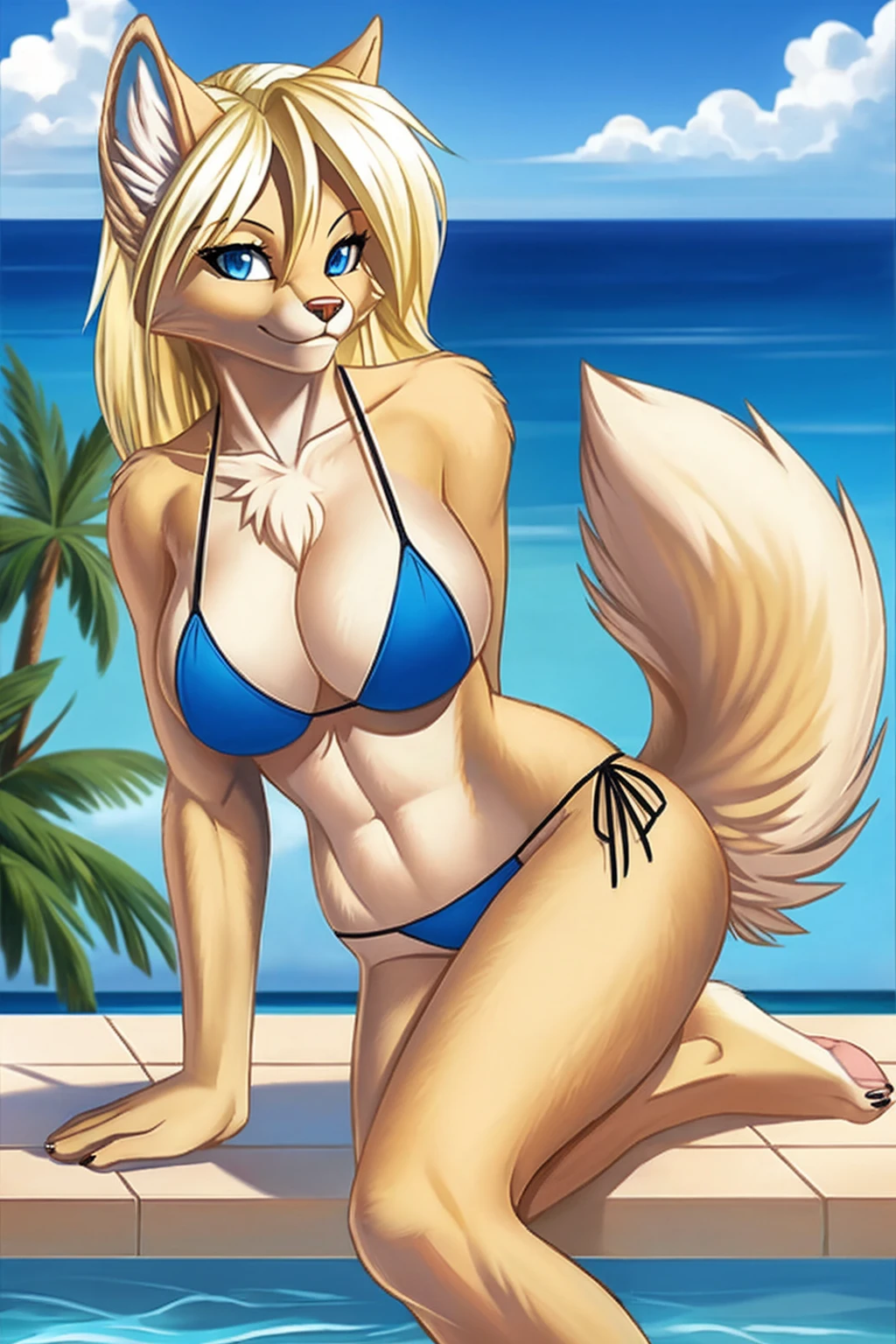 pamela anderson, bikini, blonde hair, blue eyes, (((masterpiece, fluffy, furry, fur))) 