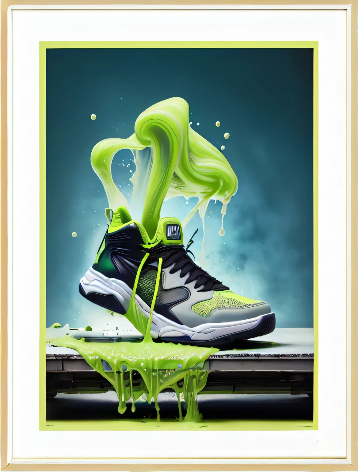 an image of a pair of shoes with green paint, Acid Green Sneakers, summarizing, sneaker design, green limo, green limo dripping, Made with Photoshop, photo of sneakers, photo manipulation, Concept art of basketball shoes, slimy, green limo everywhere, viscous and reflective, limo, advertising photography, dramatic product photography, Illustrative art, stylized digital illustration