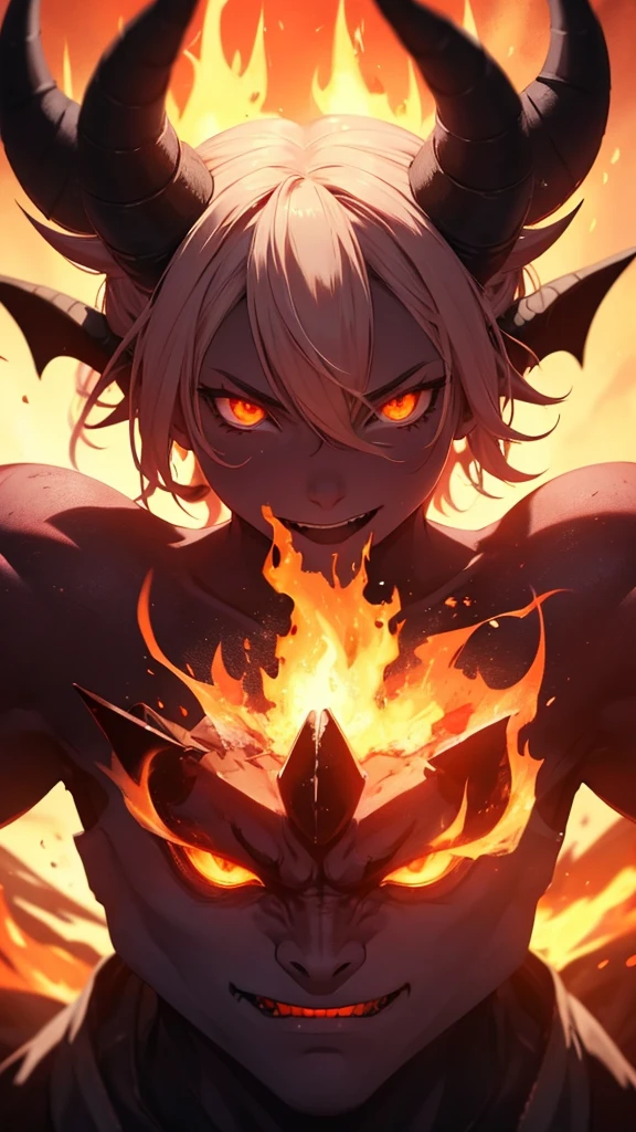 A beautiful two horned demon made of fire is looking at the camera with open eyes and mouth open render it in 8k perfect