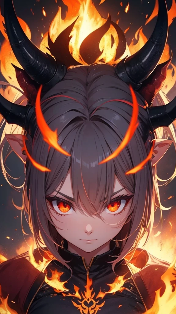 A beautiful two horned demon made of fire is looking at the camera with open eyes and mouth open render it in 8k perfect