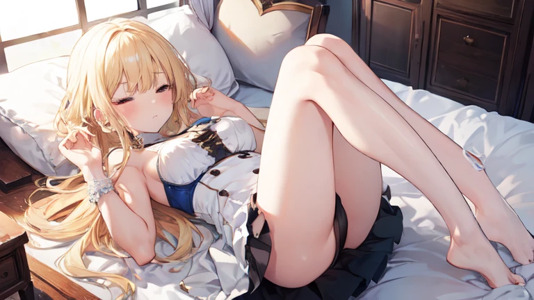 best quality，Super detailed，Perfect limbs，floor、mini skirt，Clothes with intricate details，Bright，Swimsuit，one person，blond，Sexy、Deep sleep、long hair、Stockings