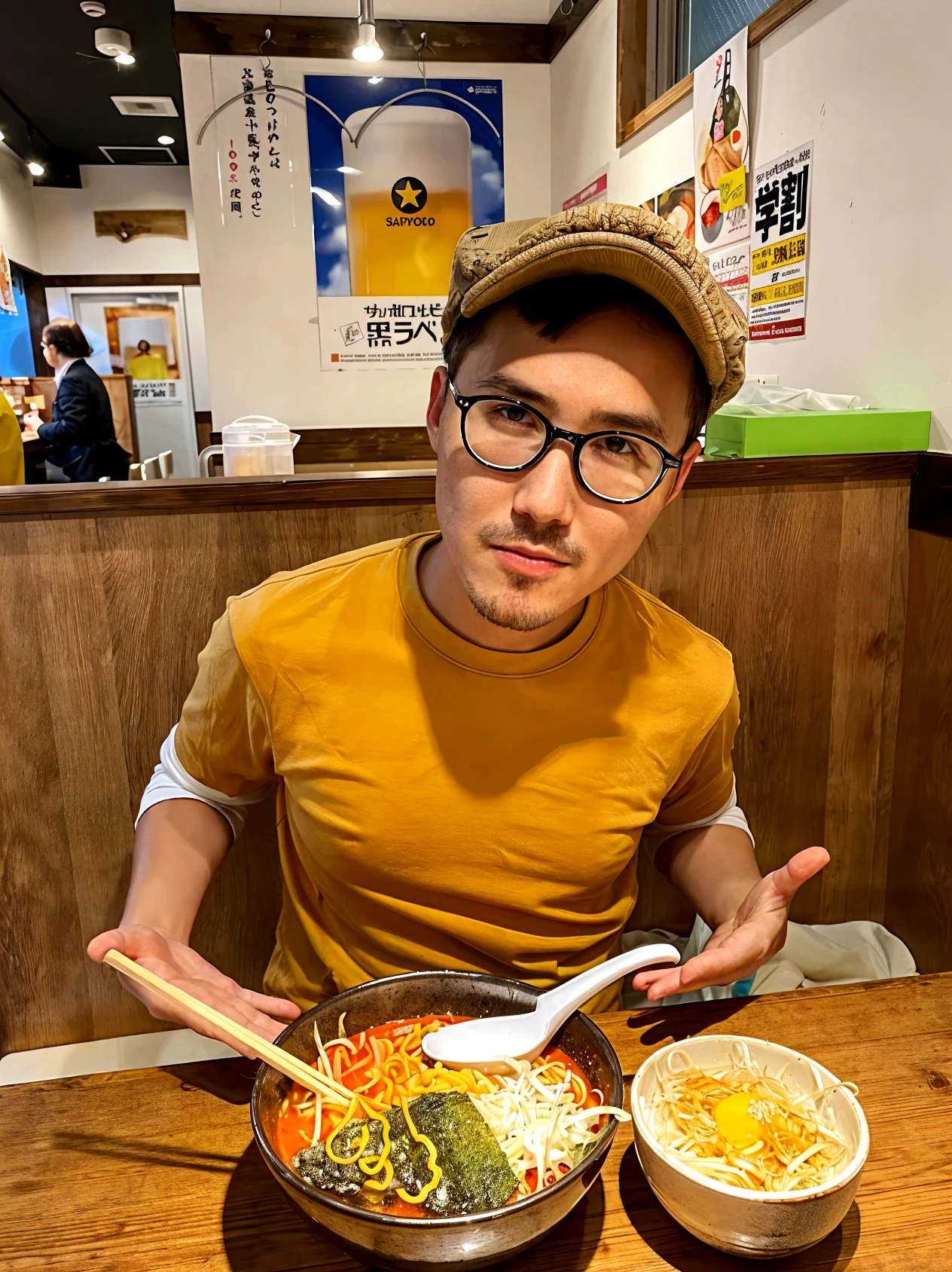 Man sitting at table with plates of drinks and dishes, Tomohiro Shimoguchi, Takeyuki Kanda, Yosuke Ueno, Kosuke Ohno, artist Shin Yokoyama, Yoji Takeshige, Yuya Nagai, Shinji Kimura, Masahiro Ito, Kaoru Mori, in front of a ramen shop --auto --s2