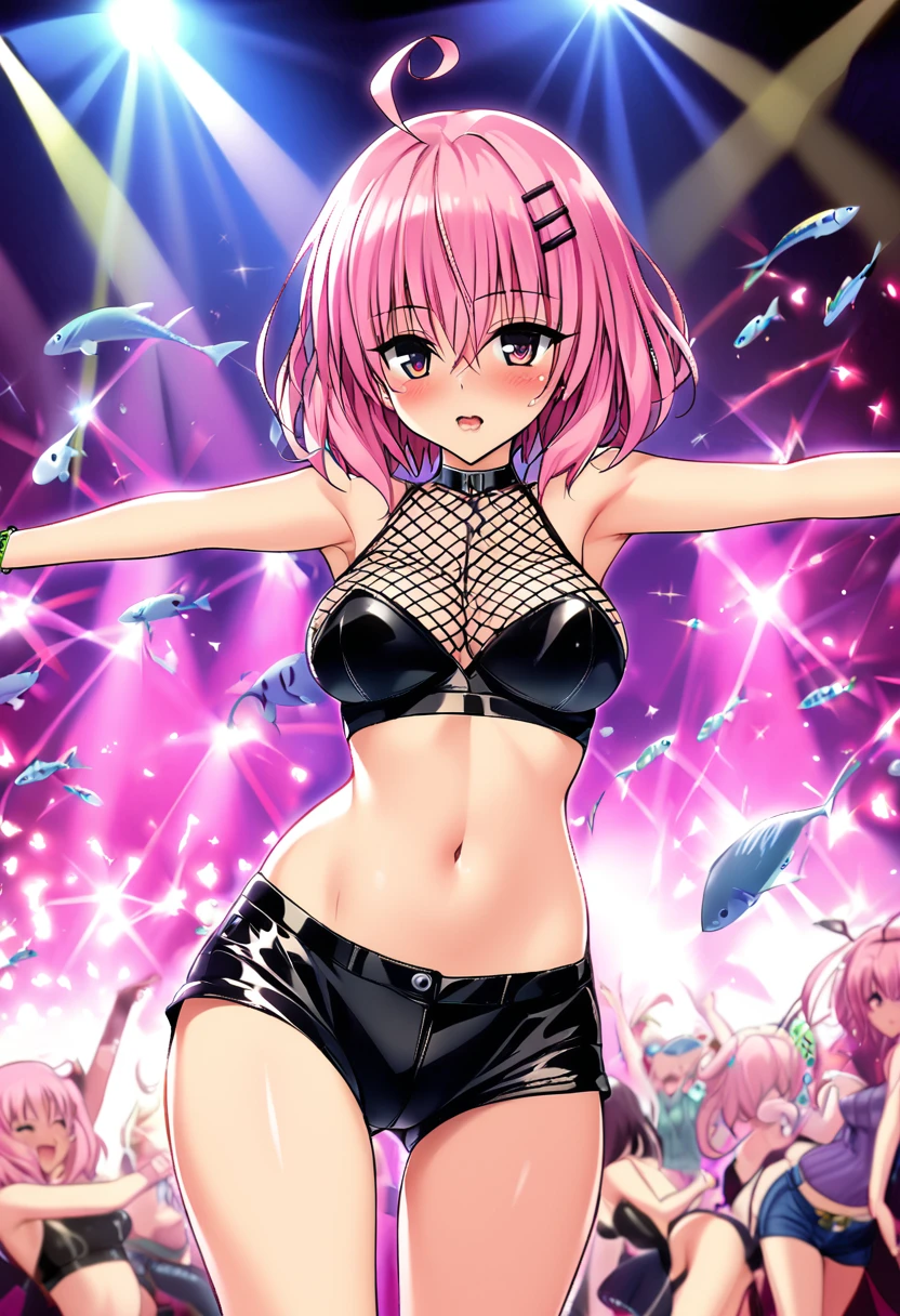 One girl, momo berea deviluke, to love-ru,perfect body,pink Hair, short Hair, puple eyes,hair clip,ahoge,leather crop top,leathe shorts,fish net,
break,Create a nightclub atmosphere, with pulsing lights, sexy dancing, and a sense of libido and seductive.

