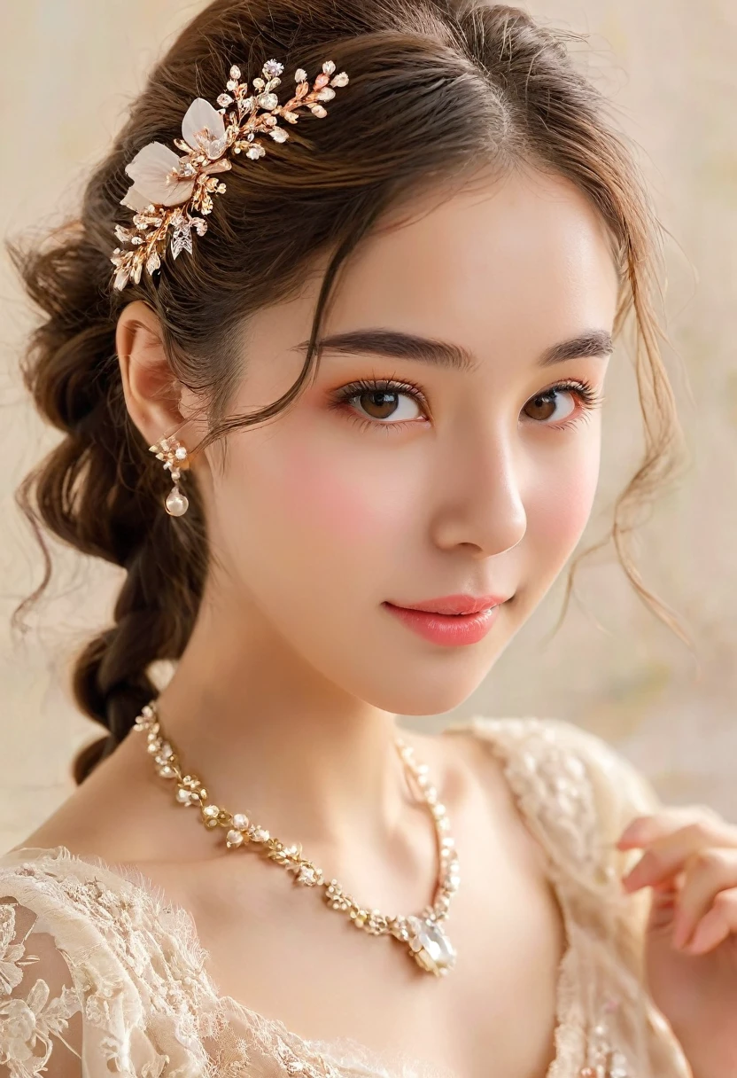 Highest quality,masterpiece, 1 Girl, alone, Model shoot, wonderful, Arena, (((I wore))), dreamy, View Users, smile, blush, hairpin,(( Braiding)), hair ornaments, ((Hair Clip)),