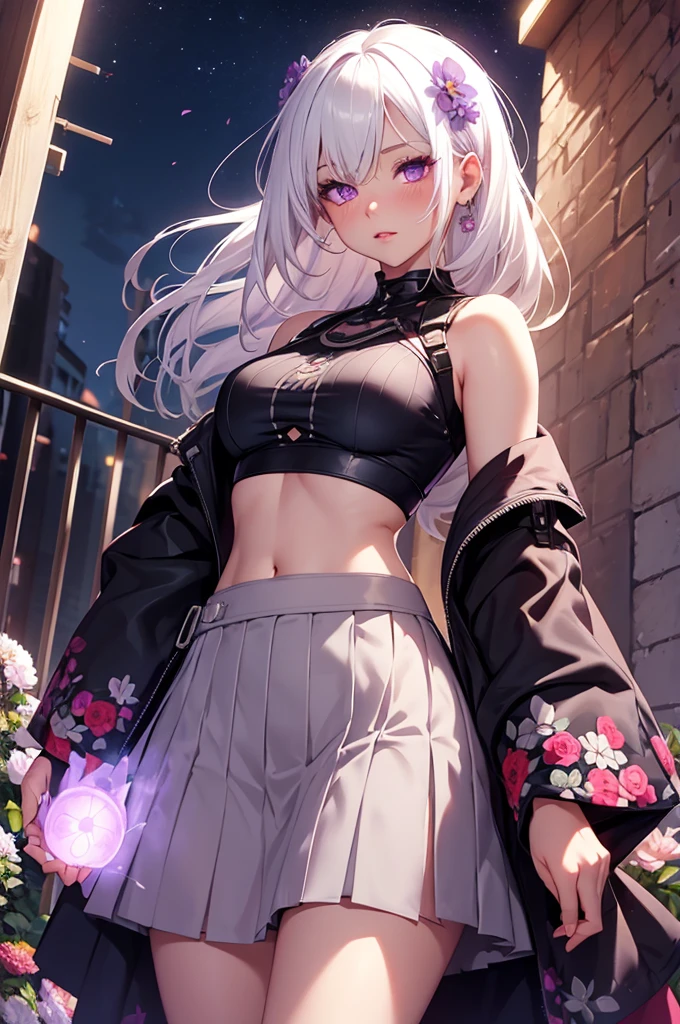realistic, 1girl, white hair, purple eyes, glowing eyes, crop top, skirt, parted lips, blush, night, flowers, sun, sunlight,