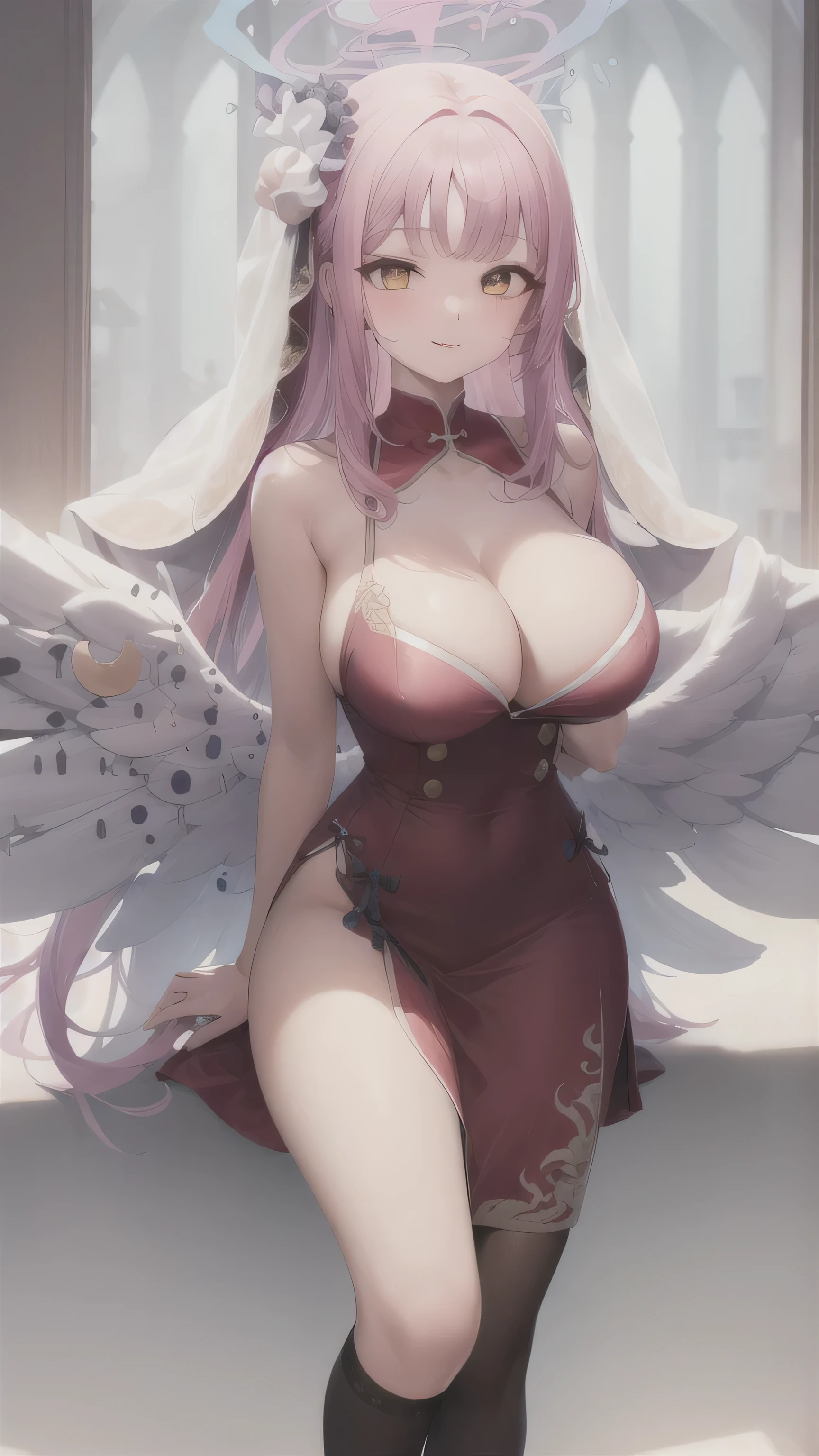 A girl,Long hair, bangs, Pink hair, Hair between the eyes, s eyes:(1.5), (breast:1.2),
rest clavicle, Wedding dress,Veil,wedding,Red Dress,Red dress,Black socks,Black knee socks,black gloves,Long boots,Cleavage,breast,Black,
Looking at the audience, whole body,
indoors, church,permanent,permanent,Smile,With one eye closed,
rest (masterpiece:1.2), best quality, high resolution, 8k wallpaper, (illustration:0.8), (Beautiful and delicate eyes:1.6), Extremely detailed face, Perfect lighting, Extremely detailed CG, (Perfect hands, Perfect anatomical structure),