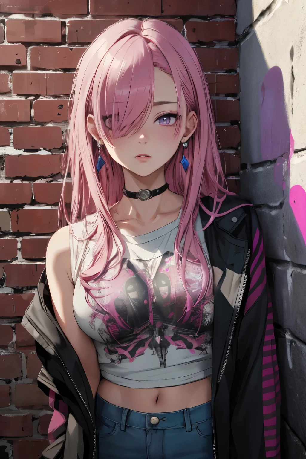 (masterpiece, best quality, 1girl, solo, intricate details, chromatic aberration), realistic, ((medium breath)),long hair, pink hair, red head ornament, pink highlights, hair over one eye,purple eyes, earrings, sharp eyes, choker, neon shirt, open jacket, crop top, (symmetry eyes),(perfect symmetrical body),against wall, brick wall, graffiti, dim lighting, alley ,look at viewer