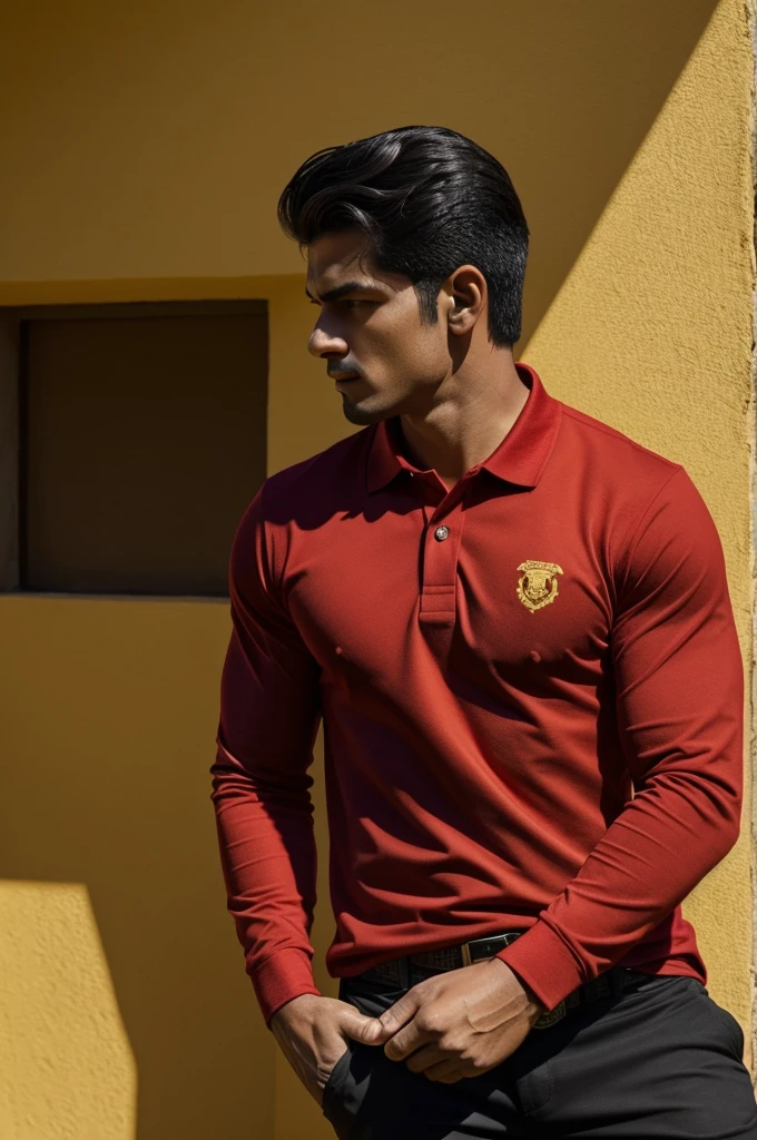 -Generally a polo shirt with long sleeves that is red in color, black and gold - On the back of the polo shirt at the bottom will be the name FUERZA SAN SIMON DE COLOR DORADO
