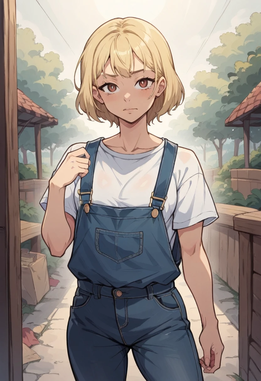 raw photo, (1 American girl), 25 years old, bob hairstyle, blonde hair, slim body, fitness figure,, in overalls, (black overalls), in an old workshop, dim light, topless with t-shirt big slim shape walk behind farm