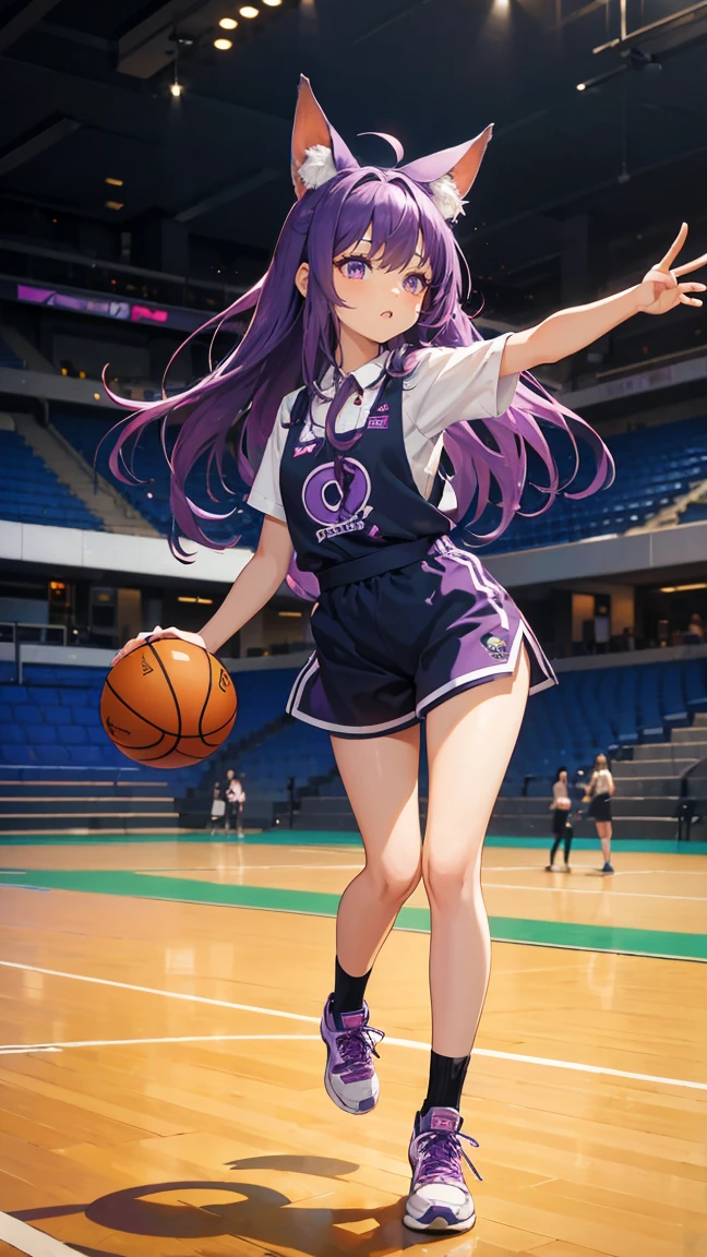 (Highest quality), (masterpiece), 1 Girl,Purple Hair,long hair,Fox Ears,Adult women,Play basketball,She is dribbling the ball,running,Outdoor Basketball Court, She is wearing a suspender top, Fair skin, sunny, Full body photo,(Bright Eyes), (Iris),Very detailed,(single), sweet, Open background,Simple Background
