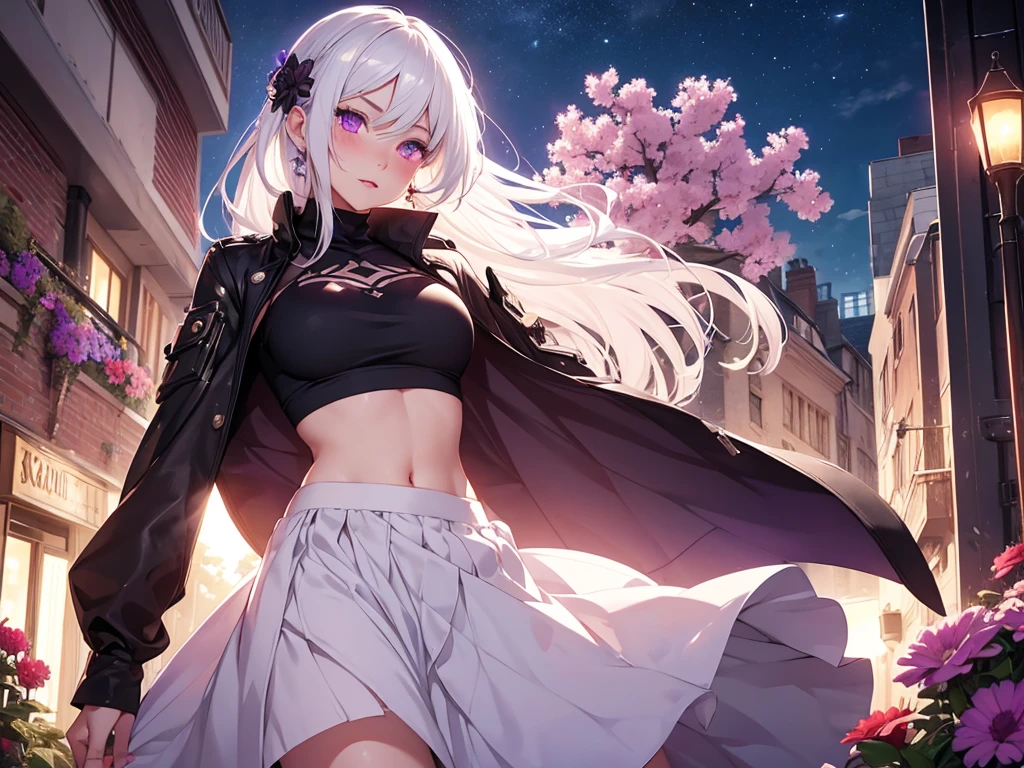 Realistic, One Girl, Gray Hair, Purple eyes, Glowing Eyes, Crop top, skirt, Lips parted, blush, night, Flowers, sun, sunlight,stockings