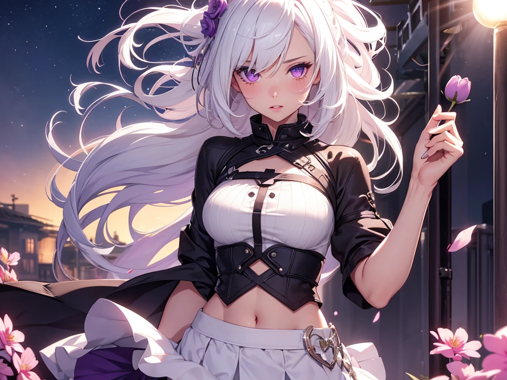 realistic, 1girl, white hair, purple eyes, glowing eyes, crop top, skirt, parted lips, blush, night, flowers, sun, sunlight,