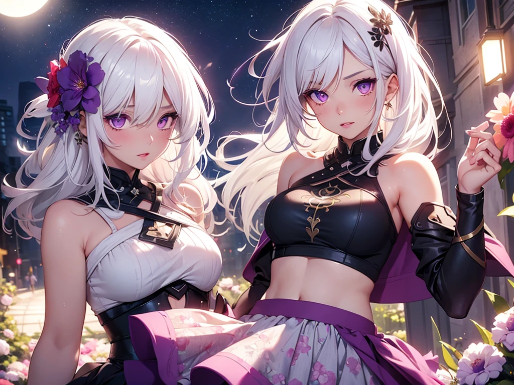 realistic, 1girl, white hair, purple eyes, glowing eyes, crop top, skirt, parted lips, blush, night, flowers, sun, sunlight,