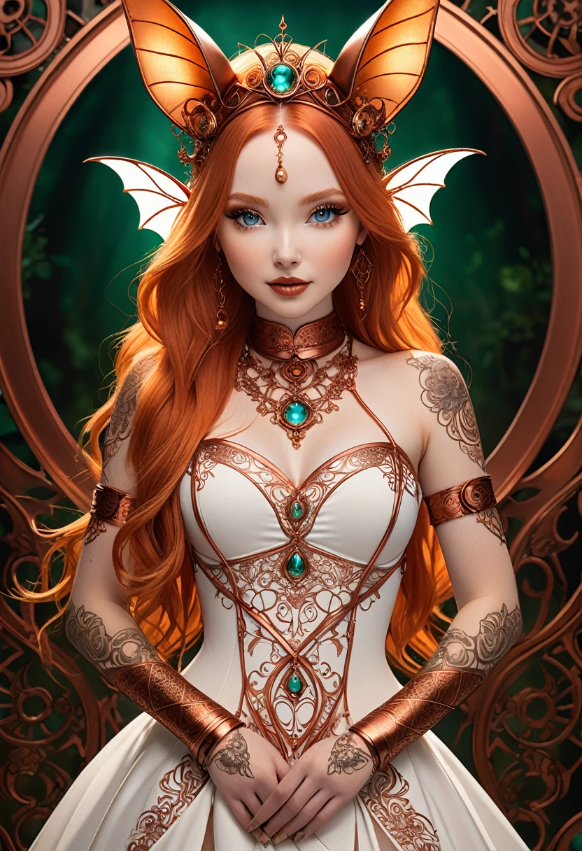 Steampunk inspired goblin princess. copper wire necklaces and bangles. Crown of fine copper wire. copper coloured tatoos cover her face and body intricate and beautiful designs. LArge bat ears. Hands on hips. Ember colored eyes adorned with intricate copper wireing. a pure white dress, hemmed with copper, covered in copper lace and filligree. silver designs cover the skirt in a kaleidoscope of intricate copper designs. Background is magical verdant forrest. Her visage is a mesmerizing blend of Molly-Quinn and Dove-Cameron,, creating a unique, symmetrical face that exudes elegance and grace. copper colores face tattoos. Copper colored arms, and chest tatoos. Cozy, romantic lighting. Cheerful smile. Copper hair that shimmers and sparkles in the lights. Hourglass figure. copper lips. dark copper eye shadow. Slim waist and wide hips.

