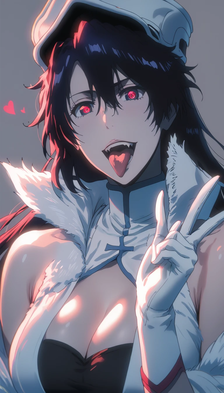(hews art style:0.7), score_9, score_8_up, score_7_up, score_6_up, bambietta, long hair, hair between eyes, bangs, black hair, BREAK (masterpiece:1.2), best quality, high resolution, (beautiful detailed eyes:1.3), perfect lighting, (perfect hands, perfect anatomy), hearts, pleasured, large breasts, sagging breasts, 1girl, breasts, solo, tongue, tongue out, demon girl, bare shoulders, cleavage, leotard, looking at viewer, open mouth, bridal gauntlets, v-sign over mouth, simple background, heart cutout, upper body, hollow eyes, grey background, clothing cutout, black leotard, fangs, fur trim, gloves