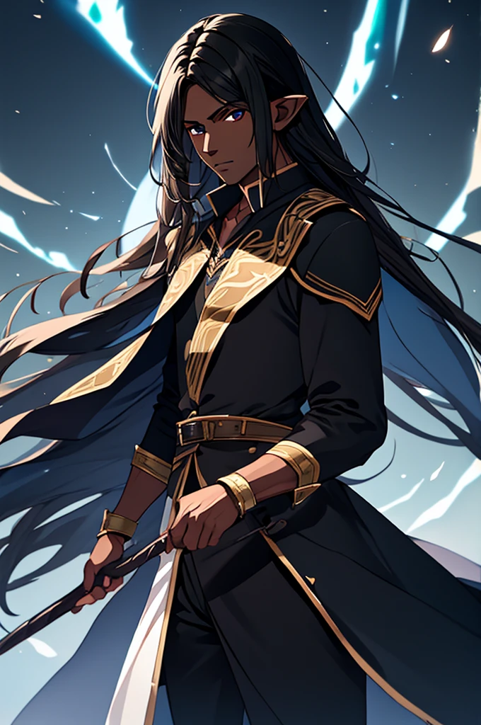 Mature man, long black hair, dark skinned, elf, battle mage outfit