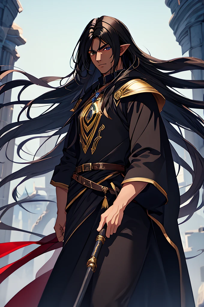 Mature man, long black hair, dark skinned, elf, battle mage outfit