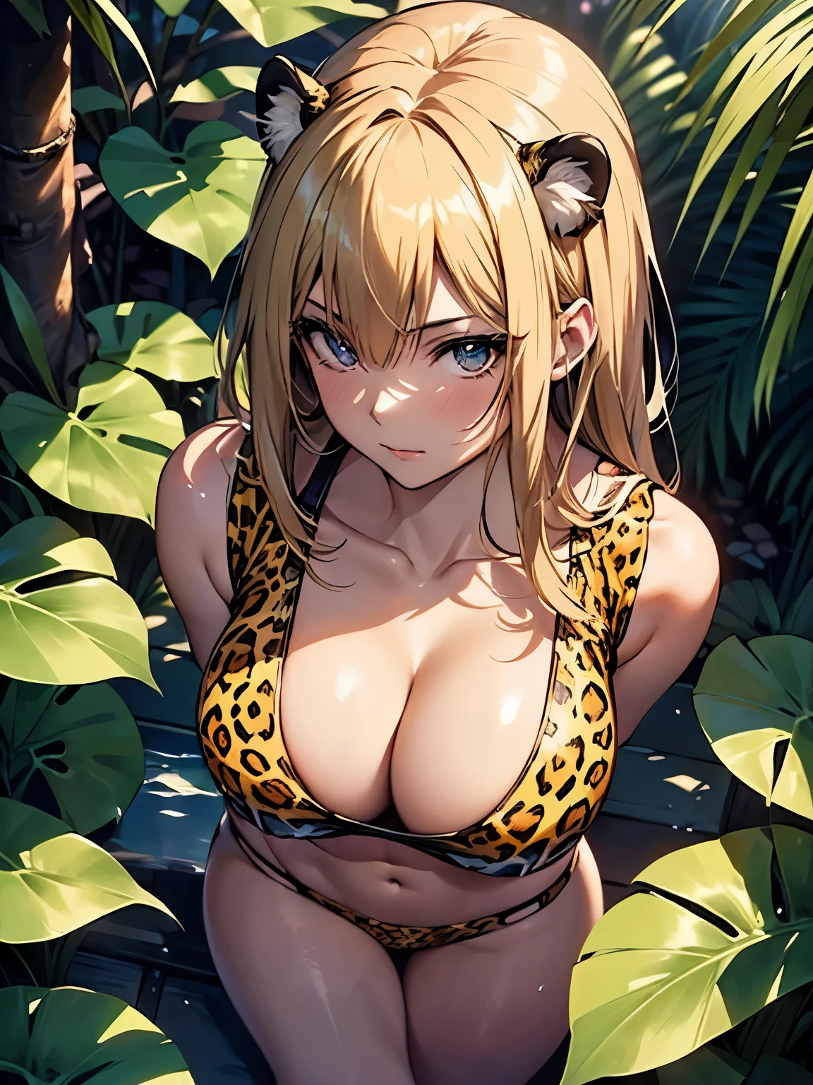 ((Seductive Anime lady:1.3, solo:1.5))、((fusion of leopard and lady:1.4))、animal ear、((all fours:1.2, full body))、((arched back:1.3))、((yellow color, thong1.2))、((wedgie))、((dark skin))、blonde hair、((looking up at viewer:1.2))、((from above:1.2))、((Being in jungle:1.3))、erect nipples、((crop top navel:1.2))、((cleavage))、((Slender body))、((sleeveless:1.2))、((collarbone))、Glossy realistic skin texture、shiny skin、masterpiece, ultra-detailliert, 8k, hiquality, Top image quality, Smooth texture、watercolor