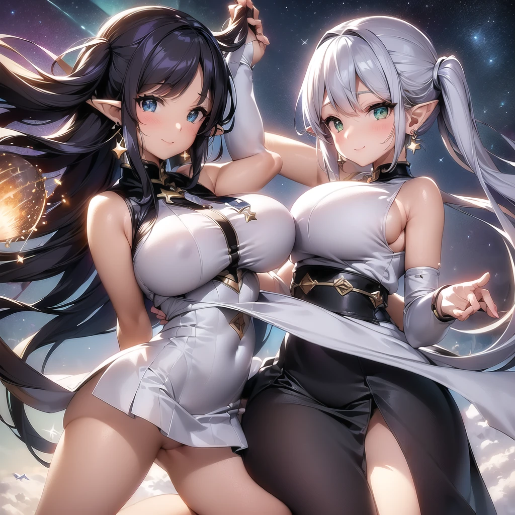 ((masterpiece)), (best quality), highres, ultra-detailed, frieren, 1girl, aurora, bangs, city lights, constellation, crescent moon, desert, earrings, earth \(planet\), elf, fireflies, fireworks, full moon, galaxy, grey eyes, hoop earrings, jewelry, light particles, long hair, milky way, moon, moonlight, night, night sky, parted bangs, planet, pointy ears, robin \(fire emblem\), shooting star, sky, snow, snowing, solo, space, space craft, star \(sky\), starry background, starry sky, starry sky print, tanabata, tanzaku, twilight, twintails, upper body, white capelet, smile, green eyes, thick
