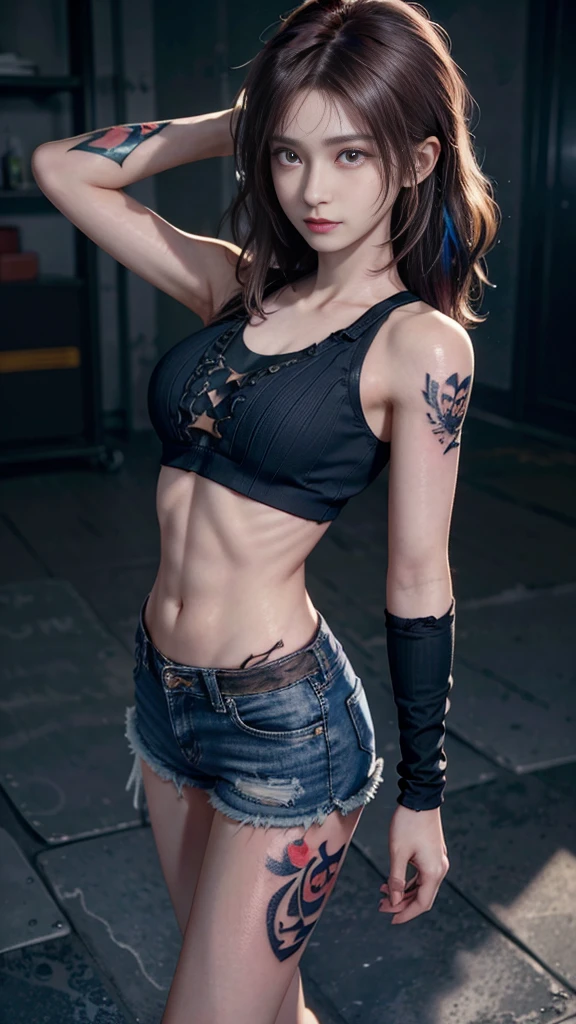 ((Medium chest, Tomboy, small head)),  (chiseled abs : 1.1), (perfect body : 1.1), (short wavy hair : 1.2) , auburn hair, collar, Lock, full body shot, crowded street, wearing black tanktop, jean jacket, (torn clothes:1.3)((shorts)), (Highly detailed CG 8k wallpaper), (very delicate and beautiful), (masterpiece), (highest quality:1.0), (ultra High resolution:1.0),  beautiful lighting ,perfect lightning, realistic shadow, [High resolution], fine skin, super detailed (((colorful))),(tattoo all:1.5),