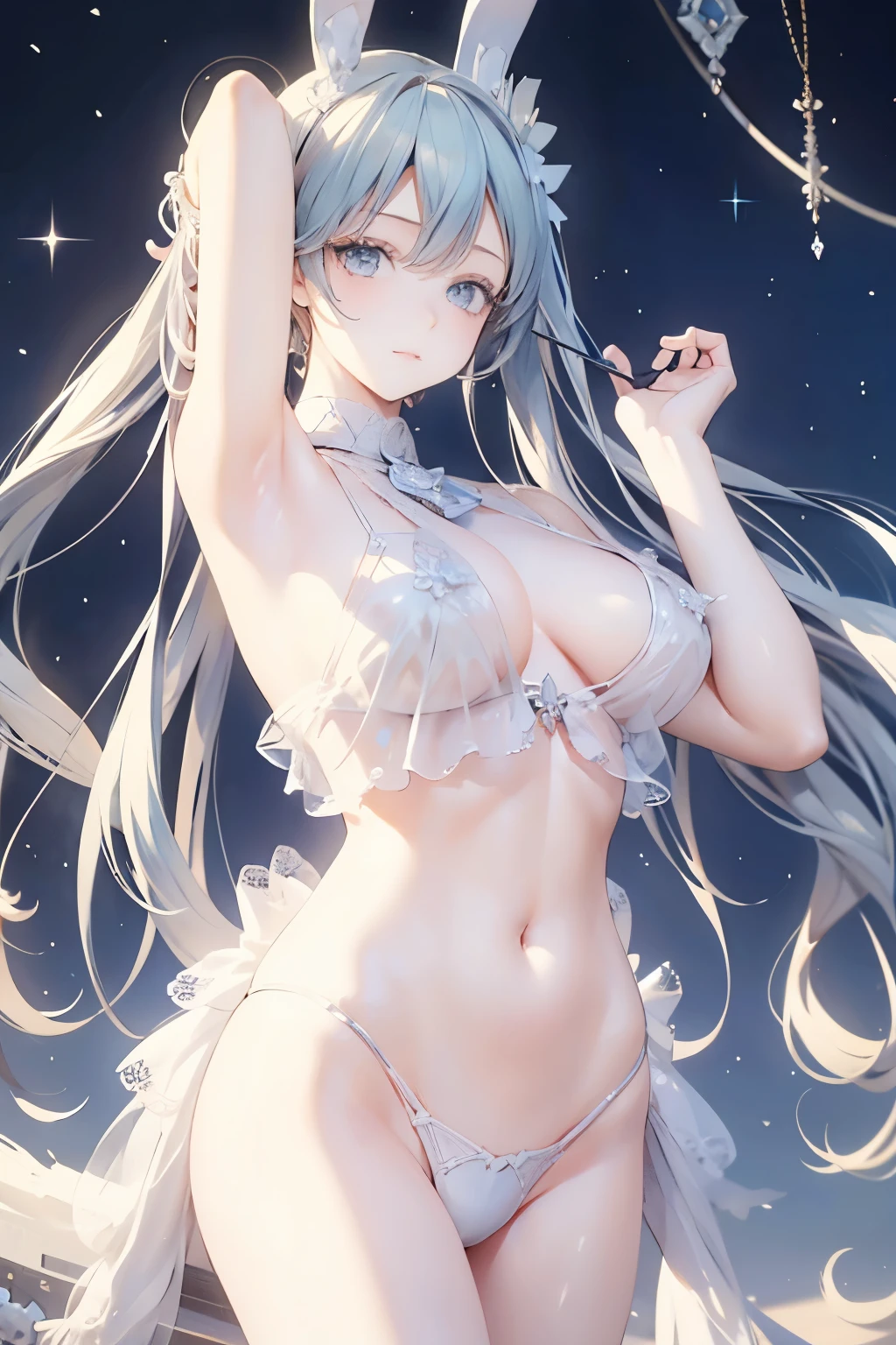 Beautiful and fair、Radiant Skin, 3 Up, Gorgeous, bright, Refreshing and gentle expression, Perfect beautiful face、Beautiful shiny bangs, A very beautiful 17 year old girl, Eyeliner, Very perfect and beautiful lovely big clear sky blue eyes，Very large breasts，Grooves reveal original skin，Muscular body，Silver glasses，White lace bikini，Hatsune Miku，Bunny ears