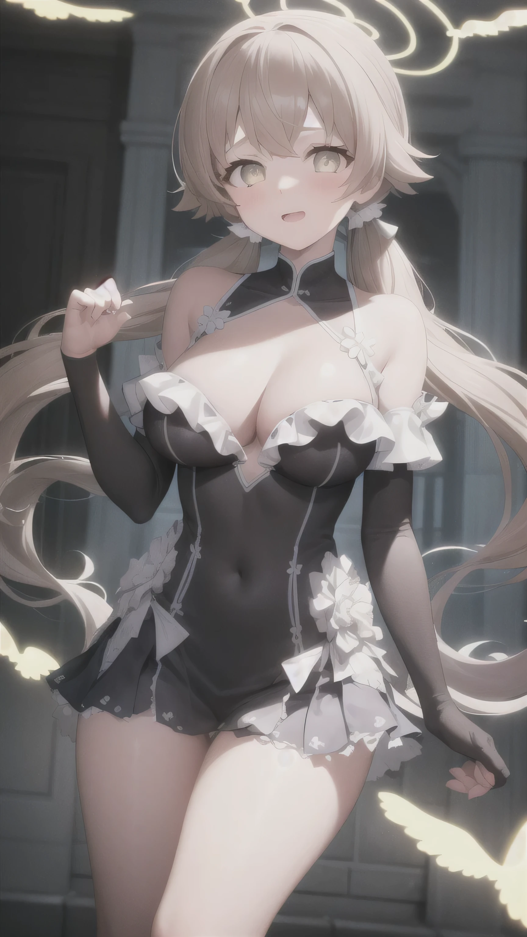 A girl，，Long hair, bangs, s hair, hair between eyes, s eyes:（1.5),  (breast:1.2), clavicle, Wedding dress，Veil，wedding，Black dress，Flowers，The skirt is broken，Black socks，Black knee socks，Black gloves，Long boots，Cleavage，breast，
Lt the aud whole body, Open your mouth，Lol，
indoors, church，permanent，permanent，微Lol，With one eye closed，
rest (masterpiece:1.2), best quality, high resolution,  8k wallpaper, (illustration:0.8), (Beautiful and delicate eyes:1.6), Extremely detailed face, Perfect lighting, Extremely detailed CG, (Perfect hands, Perfect anatomical structure),