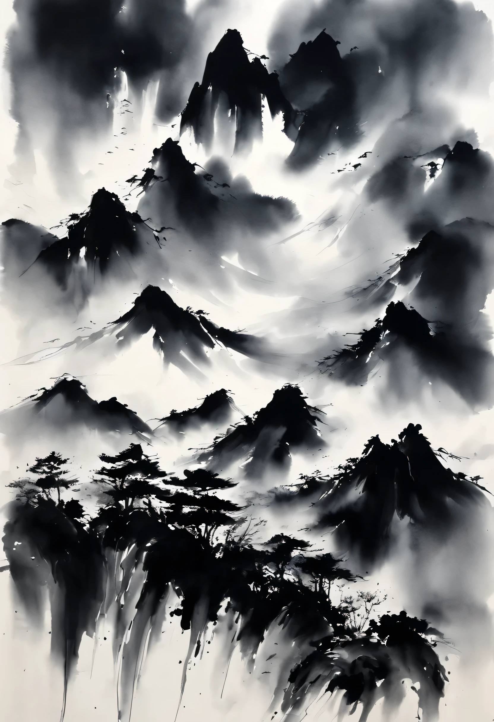 Ink painting,Ink Painting,Black and white painting,Dynamic movement and powerful brushstrokes、Fuji Mountain,
