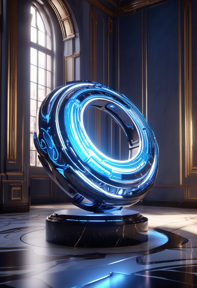 In a striking 3D render, "WALTZ_AI_ART" is boldly inscribed in a luminous marble wall, with italicized letters that seem to dance across the surface. As blue lights pierce through the stone, the words take on an edgy, dark, and cinematic quality, evoking a sense of high-tech futurism. The 3D model is vibrant and exaggerated, with a Pixar-inspired sheen, crafted using the Unreal Engine, Octane Engine, and V-Ray. The ring light adds a dynamic glow, infusing the overall aesthetic with an air of excitement and wonder.
