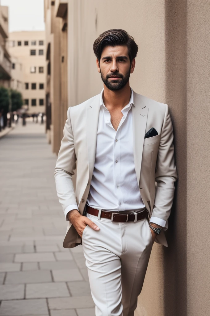 man, 30 years old, brown hair and eyes, handsome, 1900 style, light and white clothes from 10's, stylish, very handsome, dark skin like Iranian, in a hot city, FUJIFILM, cinematography, 16k, uhd