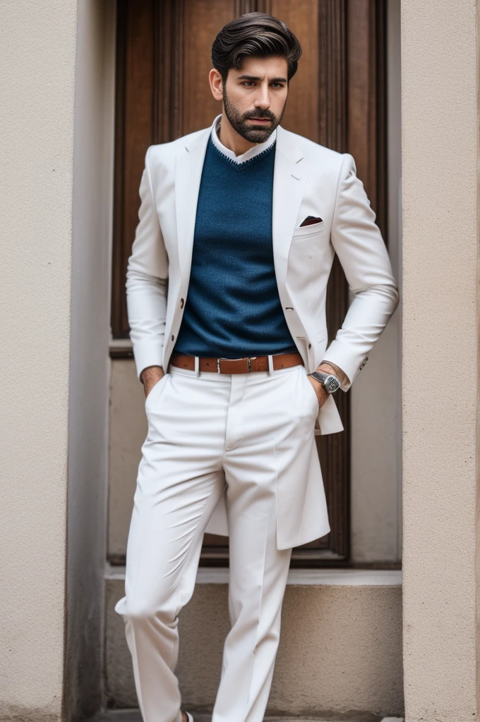 man, 30 years old, brown hair and eyes, handsome, 1900 style, light and white clothes from 10's, stylish, very handsome, dark skin like Iranian, in a hot city, FUJIFILM, cinematography, 16k, uhd 