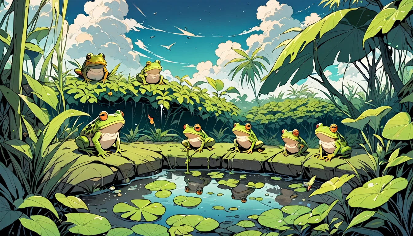 A group of frogs in a barren jungle,They are planted near the pond.,Some frogs are watering、Some frogs are fertilizing、The sky is gray