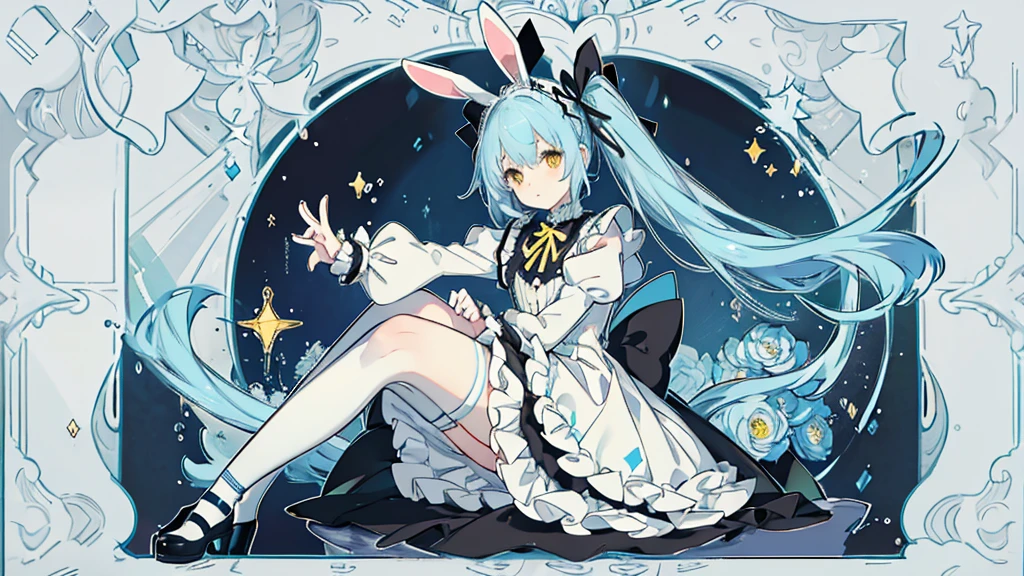 ((masterpiece, best quality, extremely detailed, absurdres)),, masterpiece, best quality, extremely detailed, (((light blue long hair))), long hair cute anime faces,detailed light,parted lips,shiny、beautiful detailed face,,longhair、(((( light blue long hair)))),,10 years old, , 1girl, solo, flat chest, blush, bangs, , flat chest,32k,ushioley, 1girl, solo, hairband, hair bow, playboy bunny, pantyhose, rabbit ears, wrist cuffs, wariza, sitting, rabbit tail, high heels, detached collar, fake animal ears, holding, cleavage, blush, bare shoulders, embarrassed