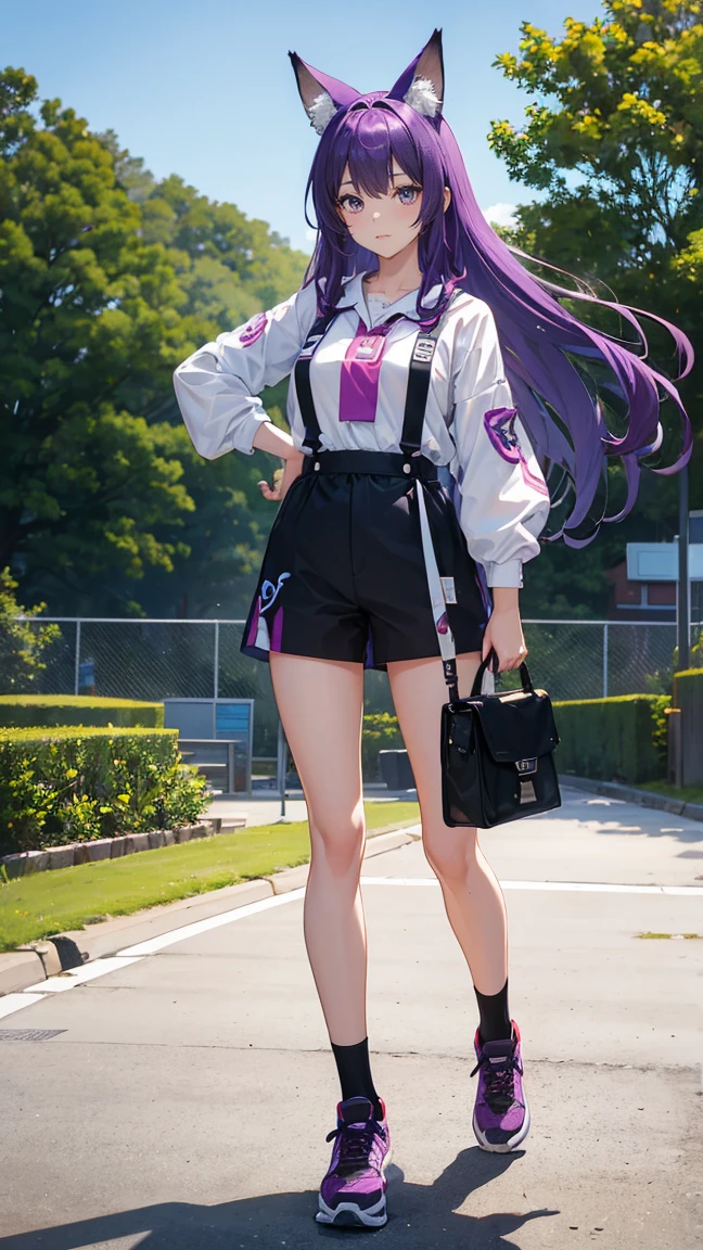 (Highest quality), (masterpiece), 1 Girl,Purple Hair,long hair,Fox Ears,Adult women,彼女はrunningしながらジャンプする,running,Outdoor Basketball Court, She is wearing a suspender top, Fair skin, sunny, Full body photo,(Bright Eyes), (Iris),Very detailed,(single), sweet, Open background,Simple Background
