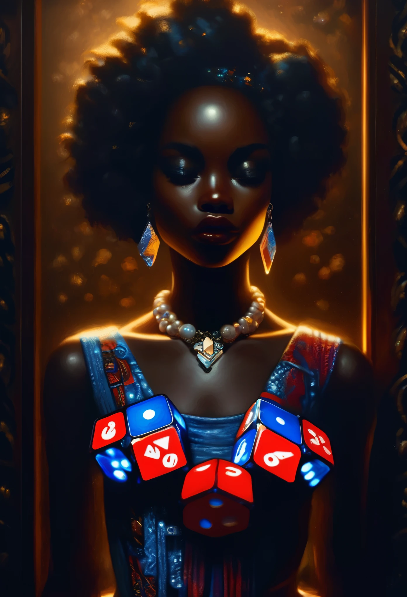 4D portrait of a full body image of a Black woman dressed in African designed clothes with neon lit glowing red and blue dice floating around her, with red and blue dice lighting the scene, dim lit scene with only the red and blue dice shining in the scene, standing model pose in a dice designed cube room, Oil Painting, 3/4 Profile view, gorgeous African designed pearl necklace, Luxurious fabrics, detailed embroidery, Moody chiaroscuro lighting, hight resolution