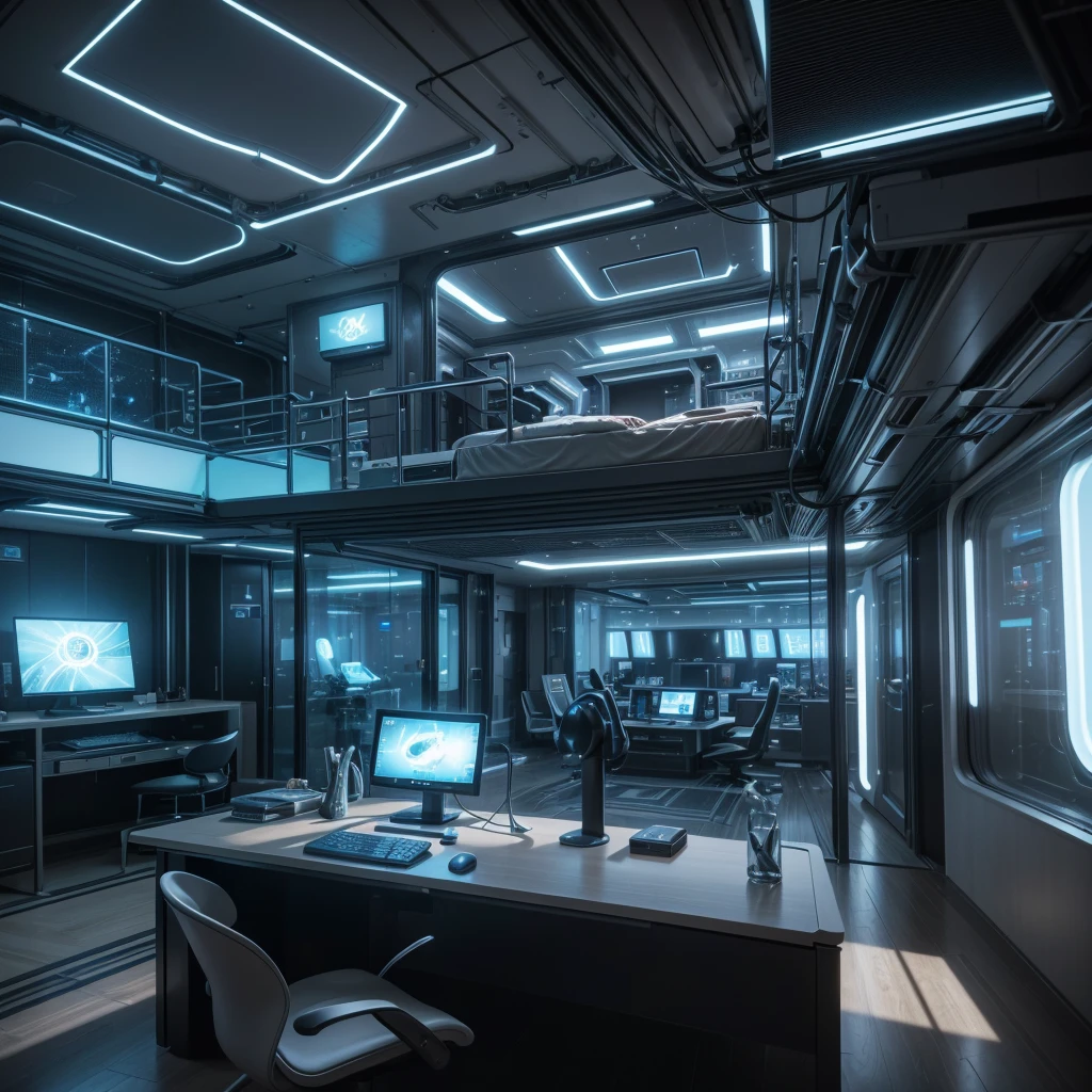 there is a computer desk with a monitor and a chair in front of it, futuristic interior, futuristic room, retro futuristic apartment, futuristic room background, futuristic looking living room, futuristic architectural art, desktopography, science fiction interior, Detailed futuristic architecture, magnificent 3d rendering, origami studio 3 design, Rendered in Lumion Pro, Stunning 3D rendering  