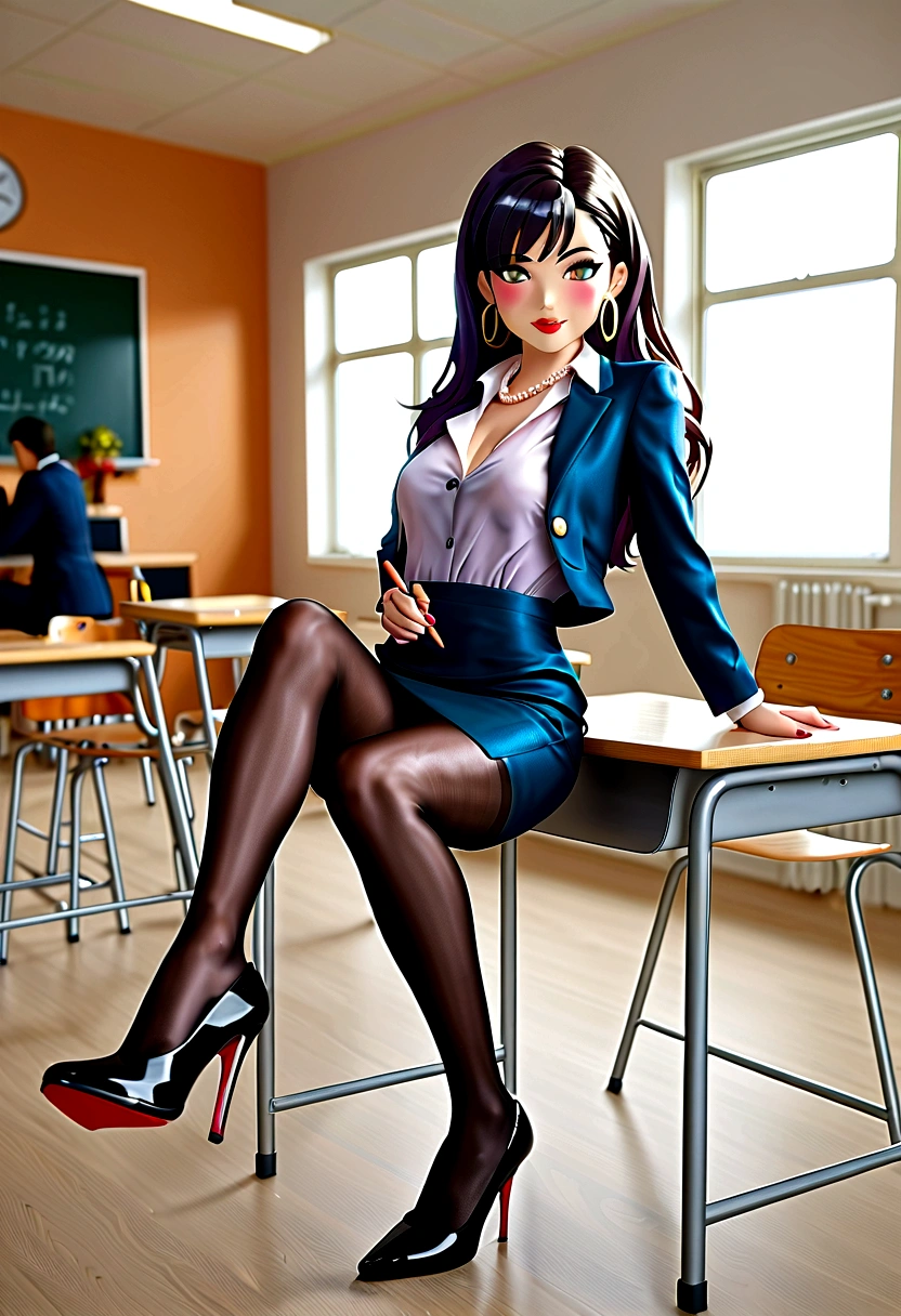 Teacher, (((twirling and playing with her Long_wavy_black_hair_bangs))), (((dark hair looks like 20 yr old Bettie Paige))), brown pantyhose, (brown_Blazer uniform_brown, school shirt, Burberry plaid_skirt, tie_black, must wear brown pantyhose tights (open legs, spread legs), up-skirt, sitting (((legs are crossed, skirt is lifted, pantyhose butt is exposed out of bottom of skirt))), (((legs crossed in sexy brown high gloss sheer pantyhose, grabbing hem of her skirt and lifting, skirt lift, pointy Christian Louboutin high heels (((shoe dangle, high heel dangles from the top of her foot))), Sexy model wearing a skimpy preppy outfit, with big hoop earrings, a pearl (large pearls) necklace, sheer tan (light brown) high gloss pantyhose, and Christian Louboutin (pointy black, shoe dangle), (((she sits on top of her desk with her legs crossed dangling her high heel shoe from her foot))) high heel hangs off foot like image, setting: rich hardwood floor, classroom, blackboard with chalk writing in background