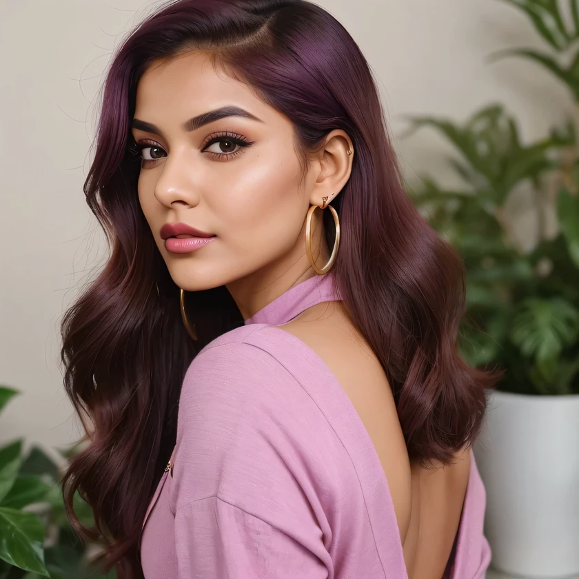"Generate an image of Marina, a 25-year-old modern Indian influencer, in a realistic setting. Marina's hair is medium-length, straight with slight waves at the ends, styled in a high ponytail with a matching red hair tie. Her hair color is a deep, reddish-purple hue that’s bold yet sophisticated. The image is taken from the back, highlighting her well-defined figure and showing her ass prominently. Her makeup is natural, featuring highlighted cheekbones, soft pink lips, and defined eyebrows. She has a soft smile on her face, turned slightly to the side, and is wearing small hoop earrings. The overall look is stylish and sophisticated, perfect for her daily life and fashion influencer persona."