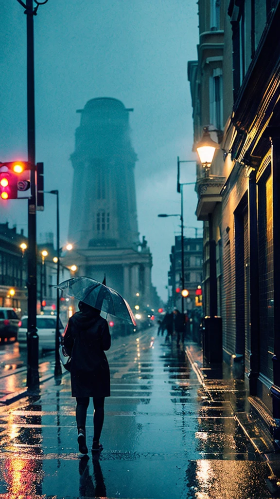 A rain-soaked sidewalk Night view London