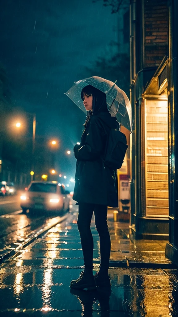 A rain-soaked sidewalk　Night view　London