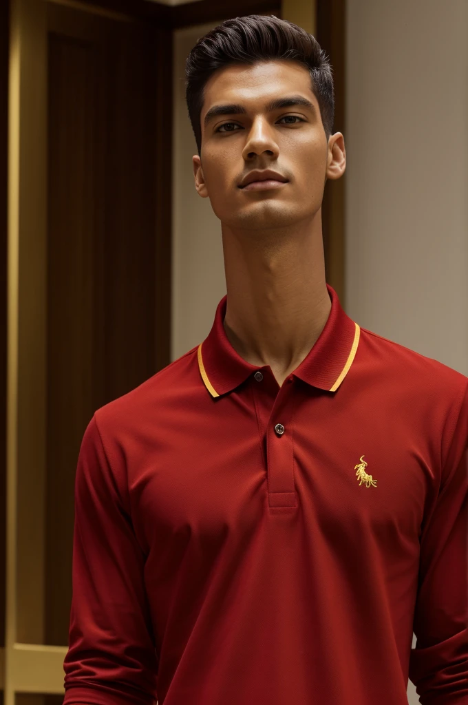 -generates a Polo model without a person -Generally a polo shirt with elegant long sleeves that is red in color, black and gold - on the back of the polo shirt at the bottom will be the name FUERZA SAN SIMON DE COLOR DORADO
