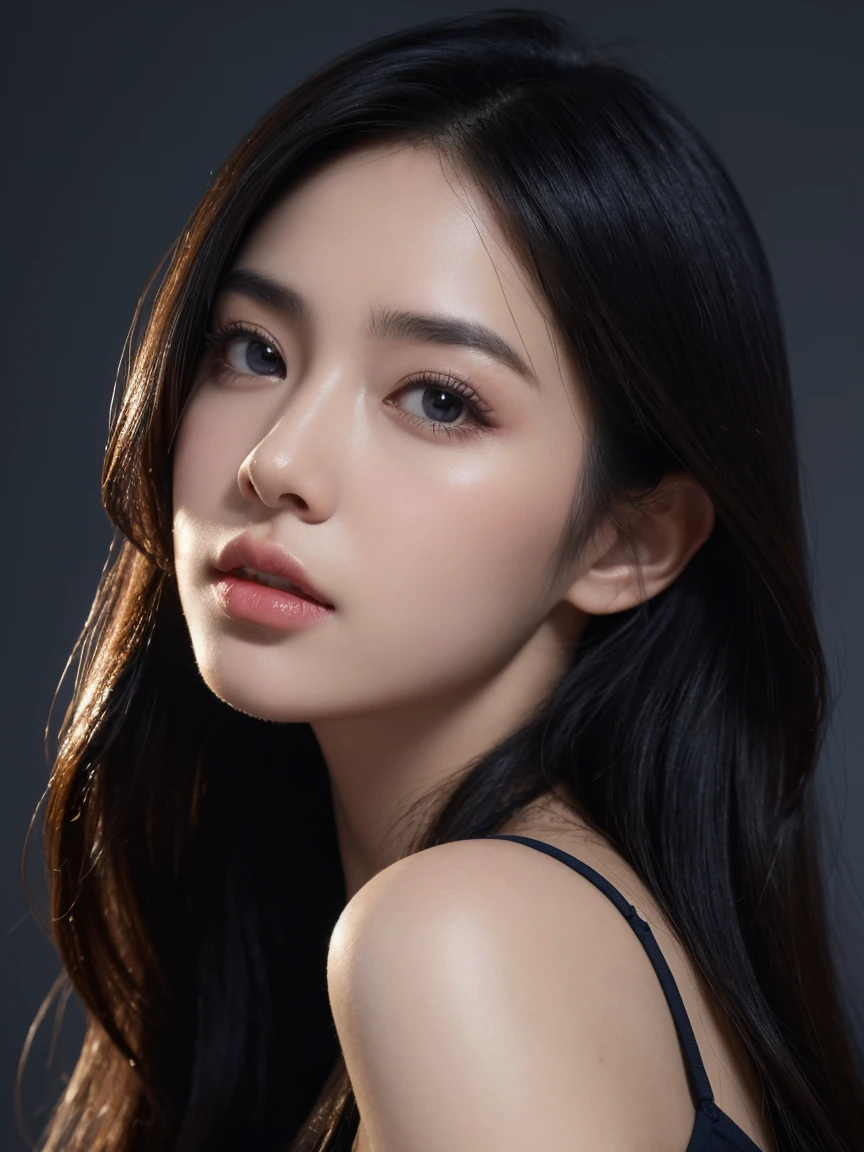 navy blue background, (best quality,4k,8k,highres,masterpiece,ultra-detailed), elegant portrait, beautiful detailed eyes, beautiful detailed lips, photography ,low lightning, portrait ,black hair, natural long hair, 28 years old, full dress, closed mouth, no teeth showing, real textured skin, body facing camera, showing hands, perfect hands, dark photo, far view, pakaian tertutup, close up photo