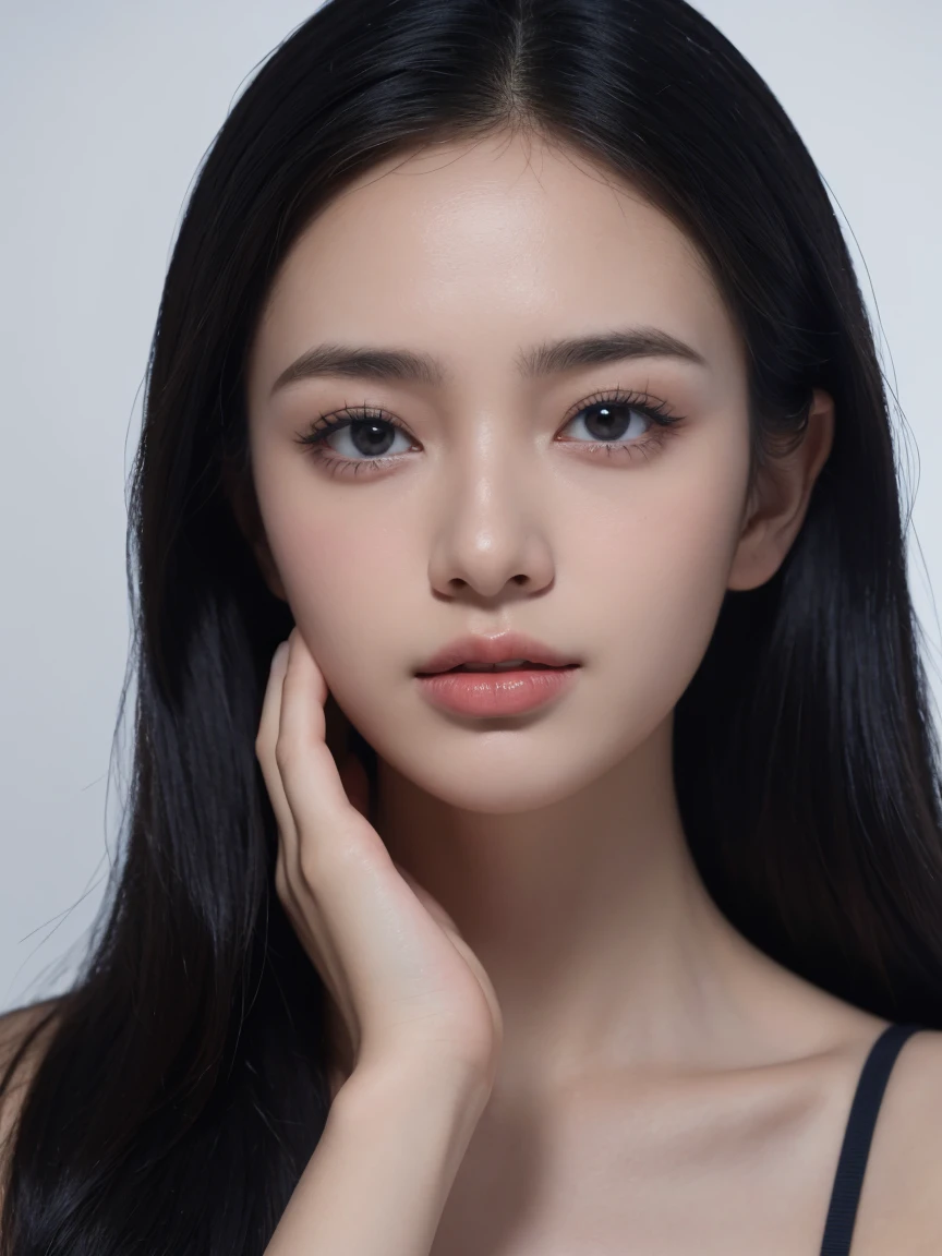 navy blue background, (best quality,4k,8k,highres,masterpiece,ultra-detailed), elegant portrait, beautiful detailed eyes, beautiful detailed lips, photography ,low lightning, portrait ,black hair, natural long hair, 28 years old, full dress, closed mouth, no teeth showing, real textured skin, body facing camera, showing hands, perfect hands, dark photo, far view, pakaian tertutup, close up photo