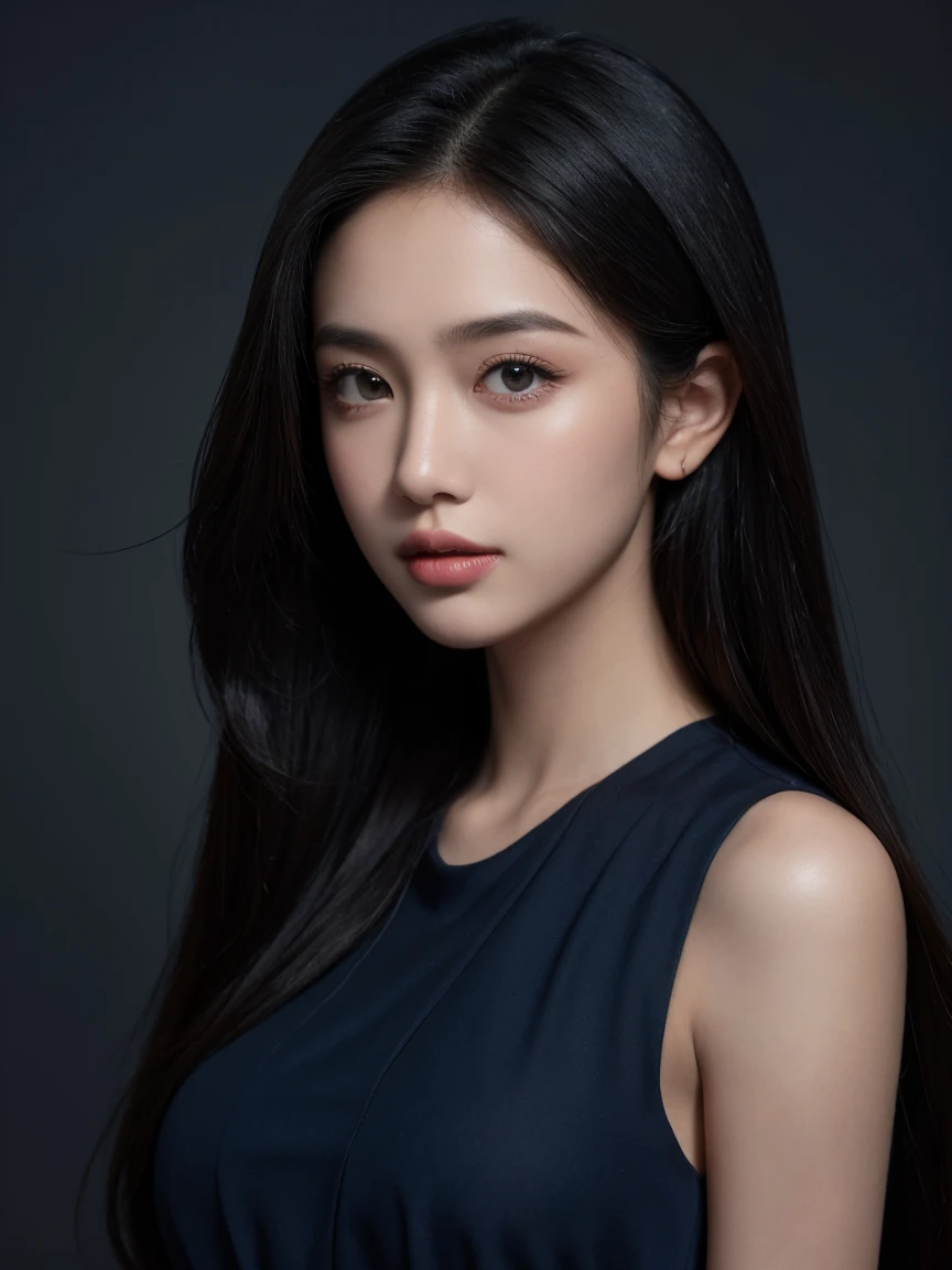 navy blue background, (best quality,4k,8k,highres,masterpiece,ultra-detailed), elegant portrait, beautiful detailed eyes, beautiful detailed lips, photography ,low lightning, portrait ,black hair, natural long hair, 28 years old, full dress, closed mouth, no teeth showing, real textured skin, body facing camera, showing hands, perfect hands, dark photo, far view, pakaian tertutup, close up photo