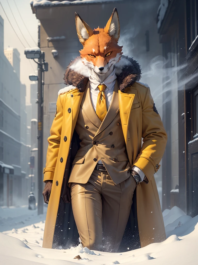 ((realisitic)), ((detailded)), illustration, perspective of the scene (urban environment), Character appearance (yellow skin, fox head and humanoid body wearing an elegant coat,, while smoking a cigar in the middle of a snowy morning with an imposing air), Background Elements (Snow field in winter).