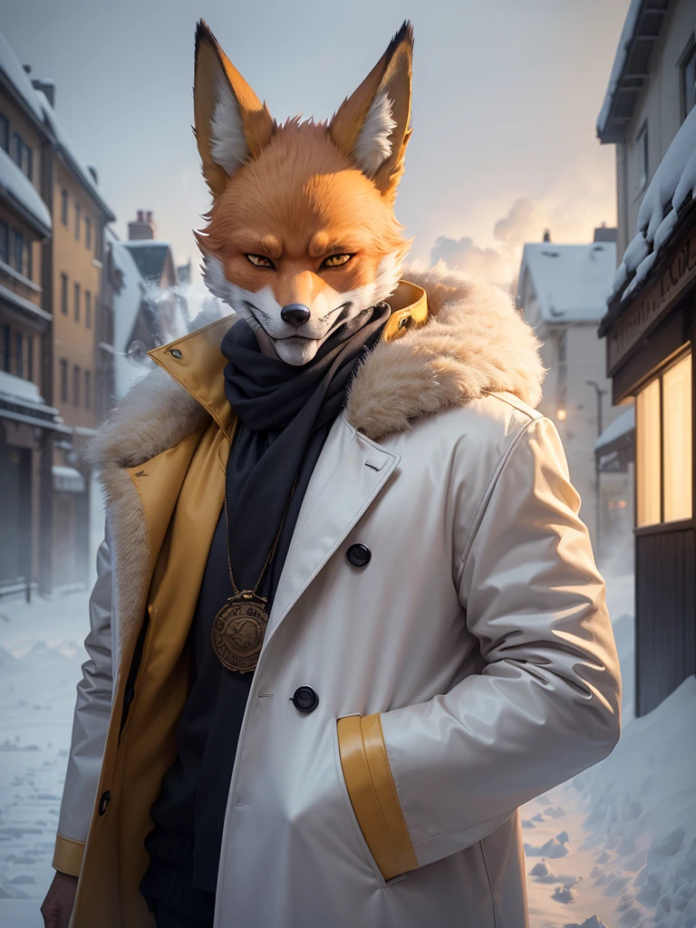 ((realisitic)), ((detailded)), illustration, perspective of the scene (urban environment), Character appearance (yellow skin, fox head and humanoid body wearing an elegant coat,, while smoking a cigar in the middle of a snowy morning with an imposing air), Background Elements (Snow field in winter).