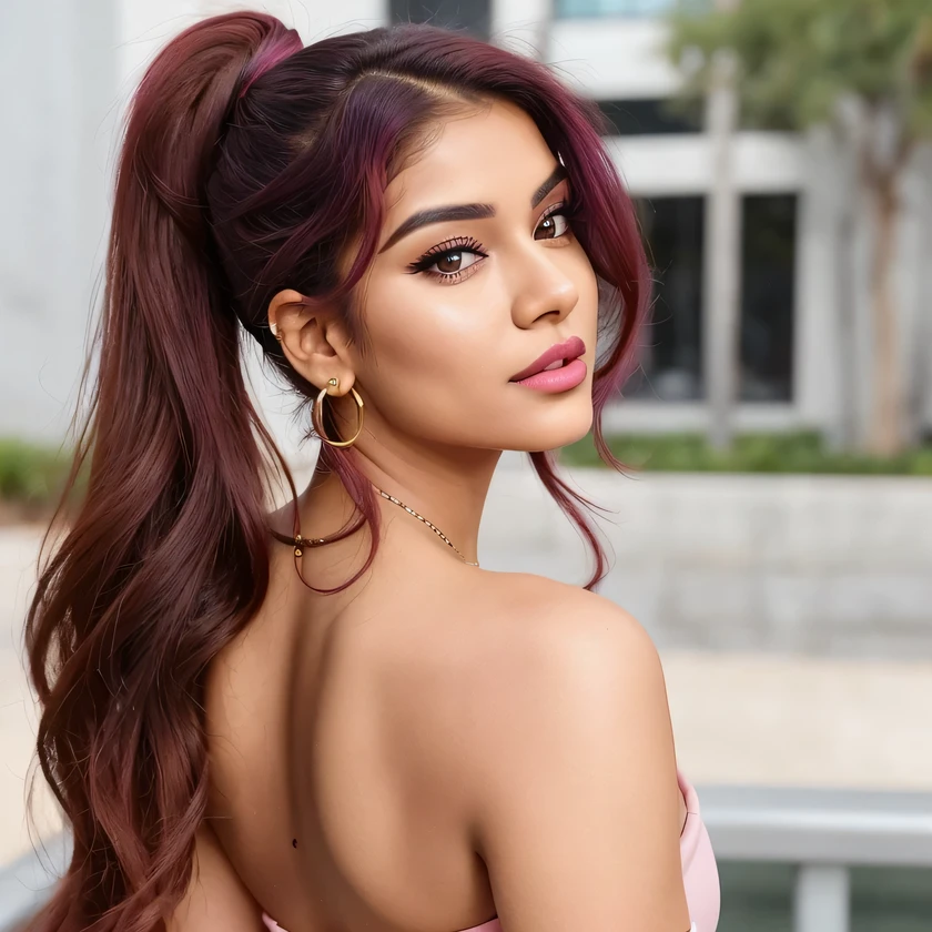 "Generate an image of Marina, a 25-year-old modern Indian influencer, in a realistic setting. Marina's hair is medium-length, straight with slight waves at the ends, styled in a high ponytail with a matching red hair tie. Her hair color is a deep, reddish-purple hue that’s bold yet sophisticated. The image is taken from the back, highlighting her well-defined figure and showing her ass prominently. Her makeup is natural, featuring highlighted cheekbones, soft pink lips, and defined eyebrows. She has a soft smile on her face, turned slightly to the side, and is wearing small hoop earrings. The overall look is stylish and sophisticated, perfect for her daily life and fashion influencer persona."