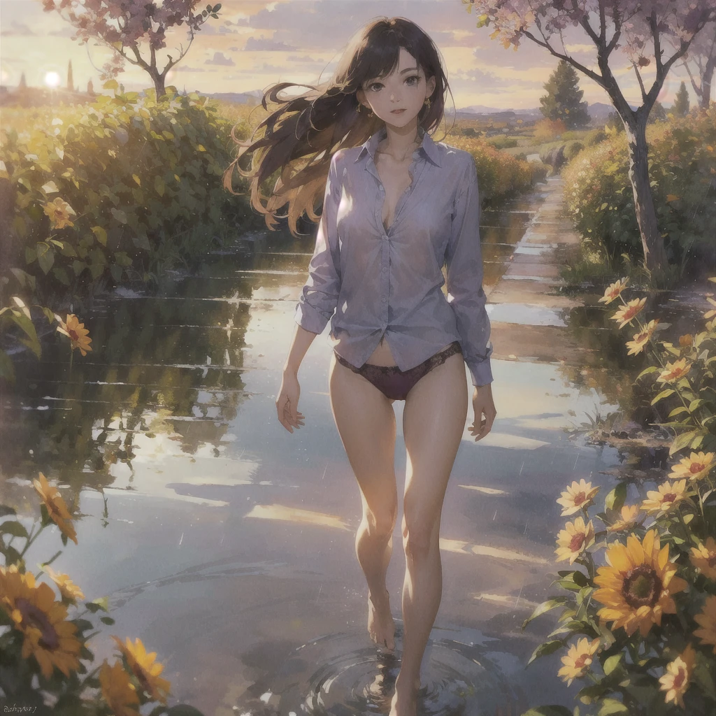 Exquisite, slender, delicate girl of with a perfect gentle face of the southern type (with short dark burgundy hair) with freckles (with ruby earring) in the rays of the rising sun, naked with tender bare breasts with pink swollen nipples ((barefoot)) ((in an unbuttoned open burgundy shirt over a naked body and in small burgundy panties)) (on the veranda in the garden) Drinks (coffee) and looks at the flowers, in watercolor style, discreet light shades, Flares, (imitation of film photography), against the sun, a lot of sun glare, light fills the frame, olive and grape groves, strong wind, Brick Road, high image quality, Maximum detail, sunset lighting, Warm evening shades, (warm golden and olive sunset light), big space eyes, olive and grape groves, Brick Road, ((brick house, coffee, coffeeйные чашки, coffeeйник)), ((Pouring rain, rain jets, puddles, девушка бежит barefoot под дождём, purple ink sky))